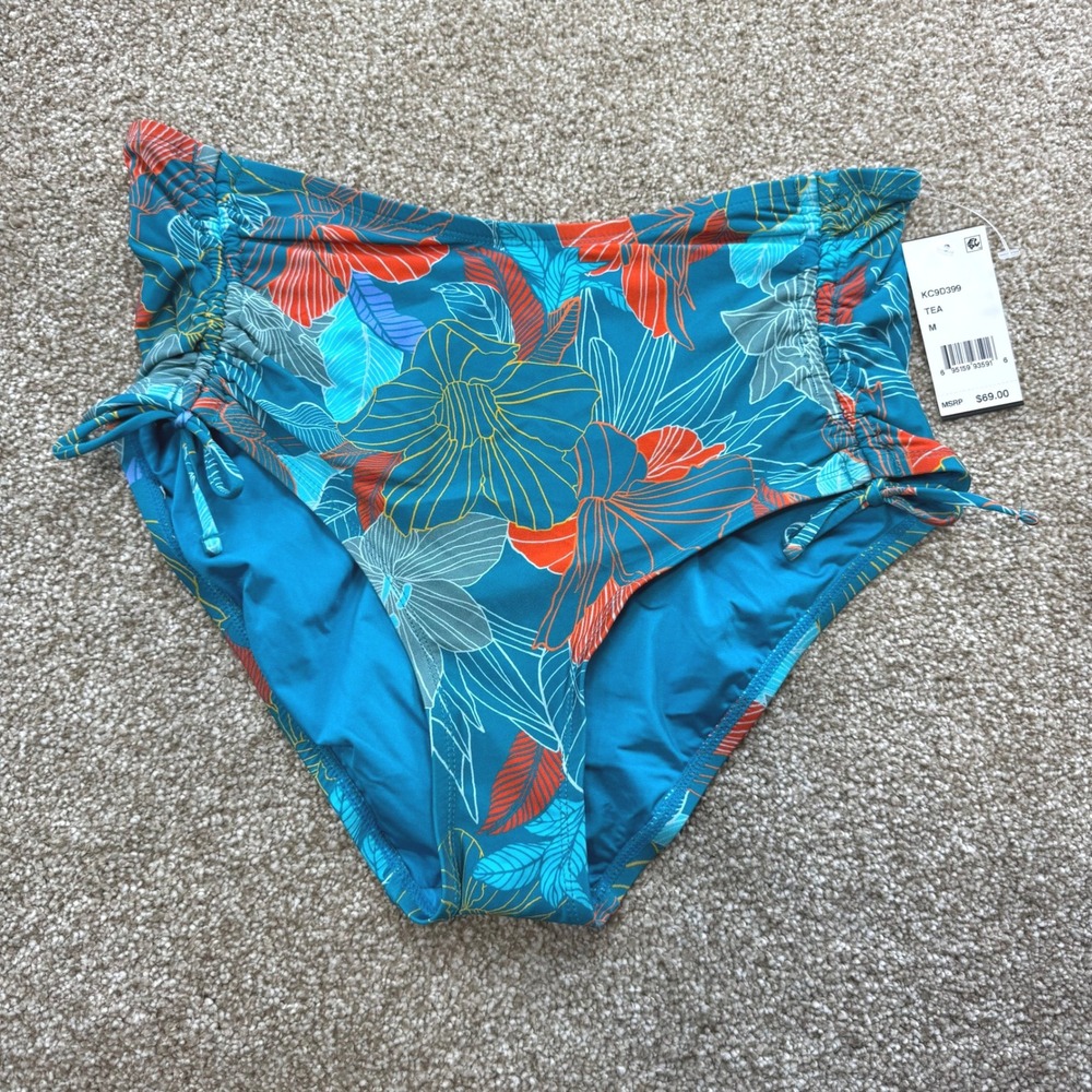 Kenneth Cole New York Teal Floral High Waist Side Tie Bikini Bottom M NEW Swim
